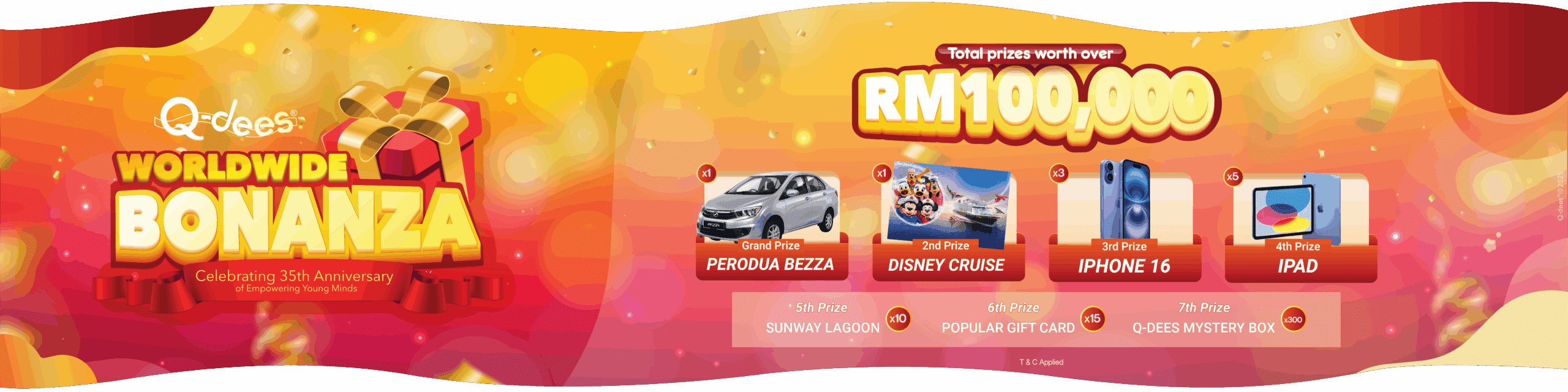Q-dees Worldwide Bonanza banner with over RM100,000 in prizes, including a Perodua Bezza.